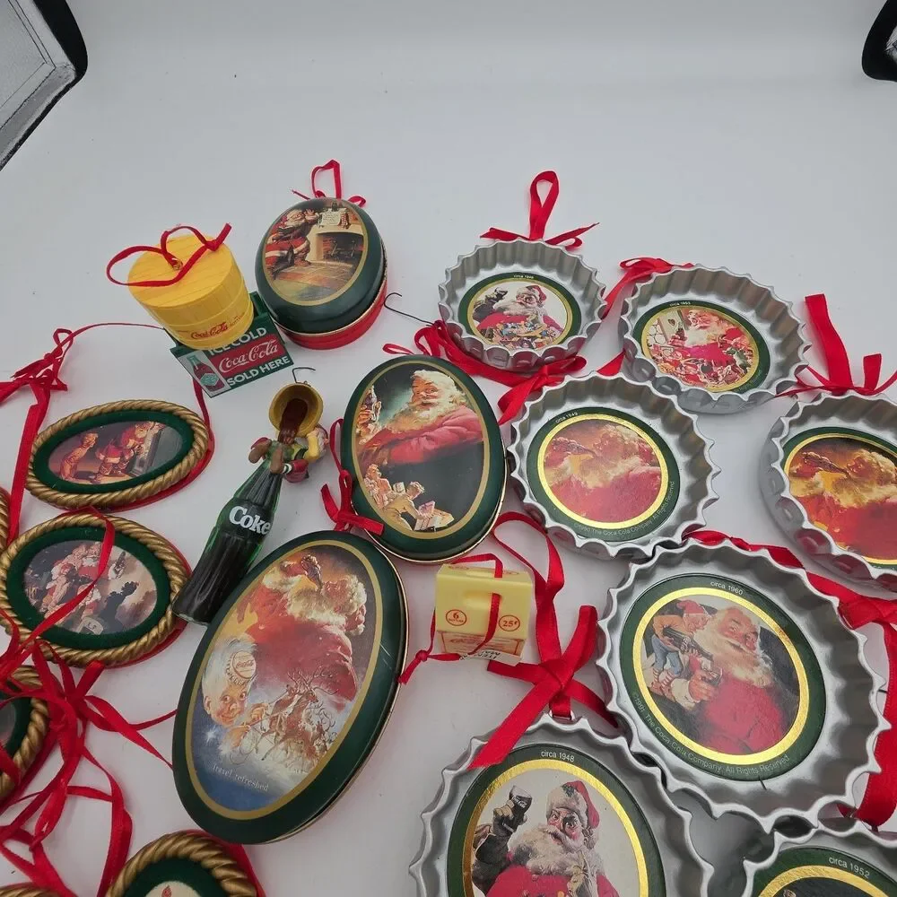 Lot of 23 Vintage Coca-Cola Christmas Ornaments Santa Bottle Cap Oval Coke Holid